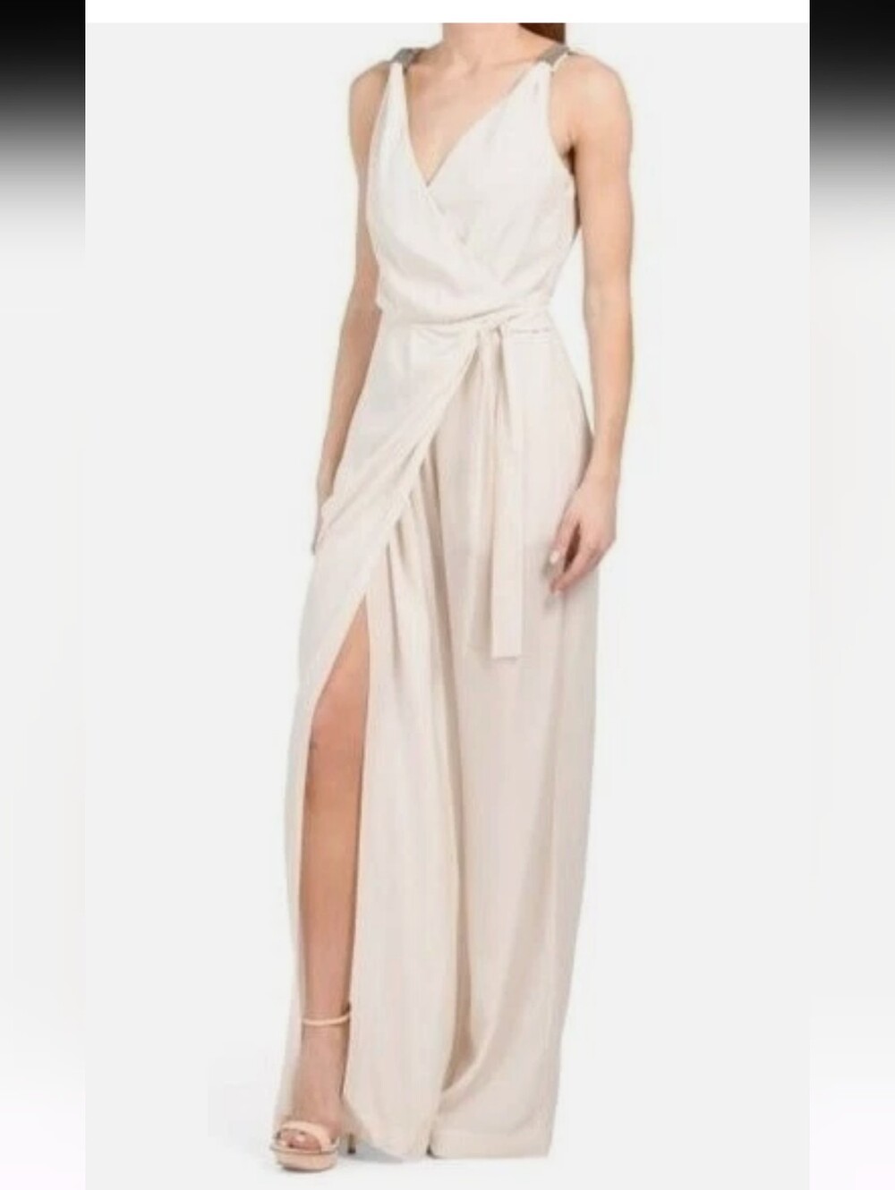 Brunello Cucinelli Vanilla Silk Crepe Sleeveless Faux-Wrap Jumpsuit - Picture 2 of 13